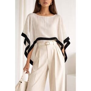 Zeus + Dione Silk Cream Crepe Black Poncho Blouse Top Luxury 6 Minimalist 38